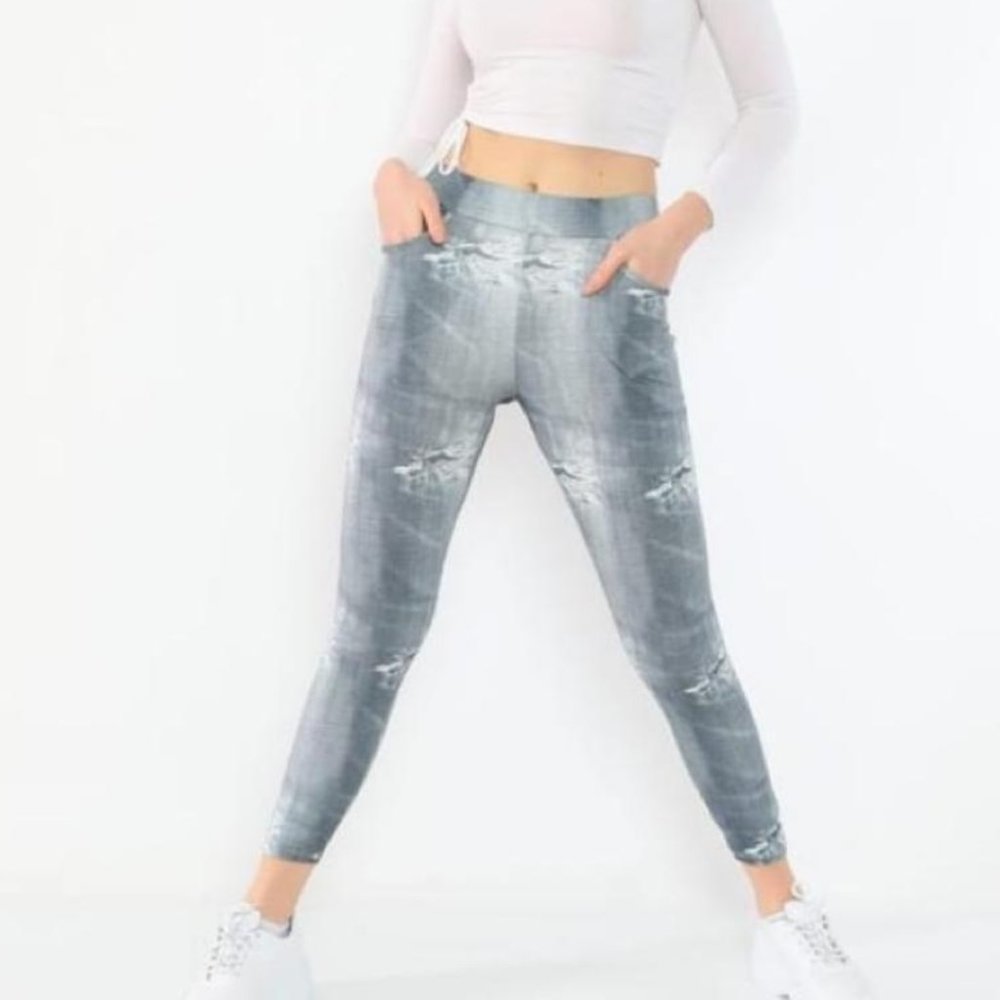 CM Fashion Womens Jeans Patterned Leggings With Pockets--Gray